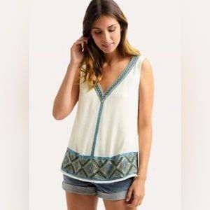 Ella Moss Floral Top Sleeveless Aline Easy Fit Ivory V-neck Size S